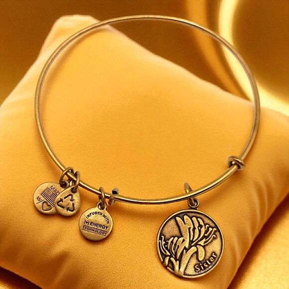 Alex and Ani Sister Charm Bracelet Bangle Adjustable Gold Tone USA Made Y2K - Picture 8 of 14